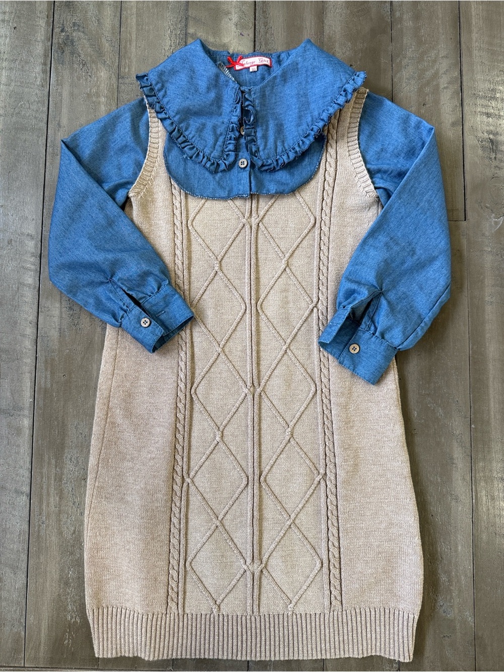 Melange Blue Denim-Collar Knit Asymmetrical Dress in Beige